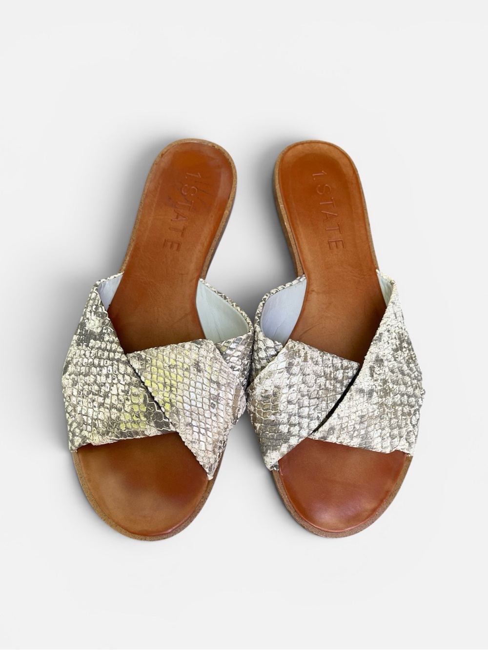 1. State Travor Leather Slide Sandal in Metallic Snake Women’s Sz 7 1/2